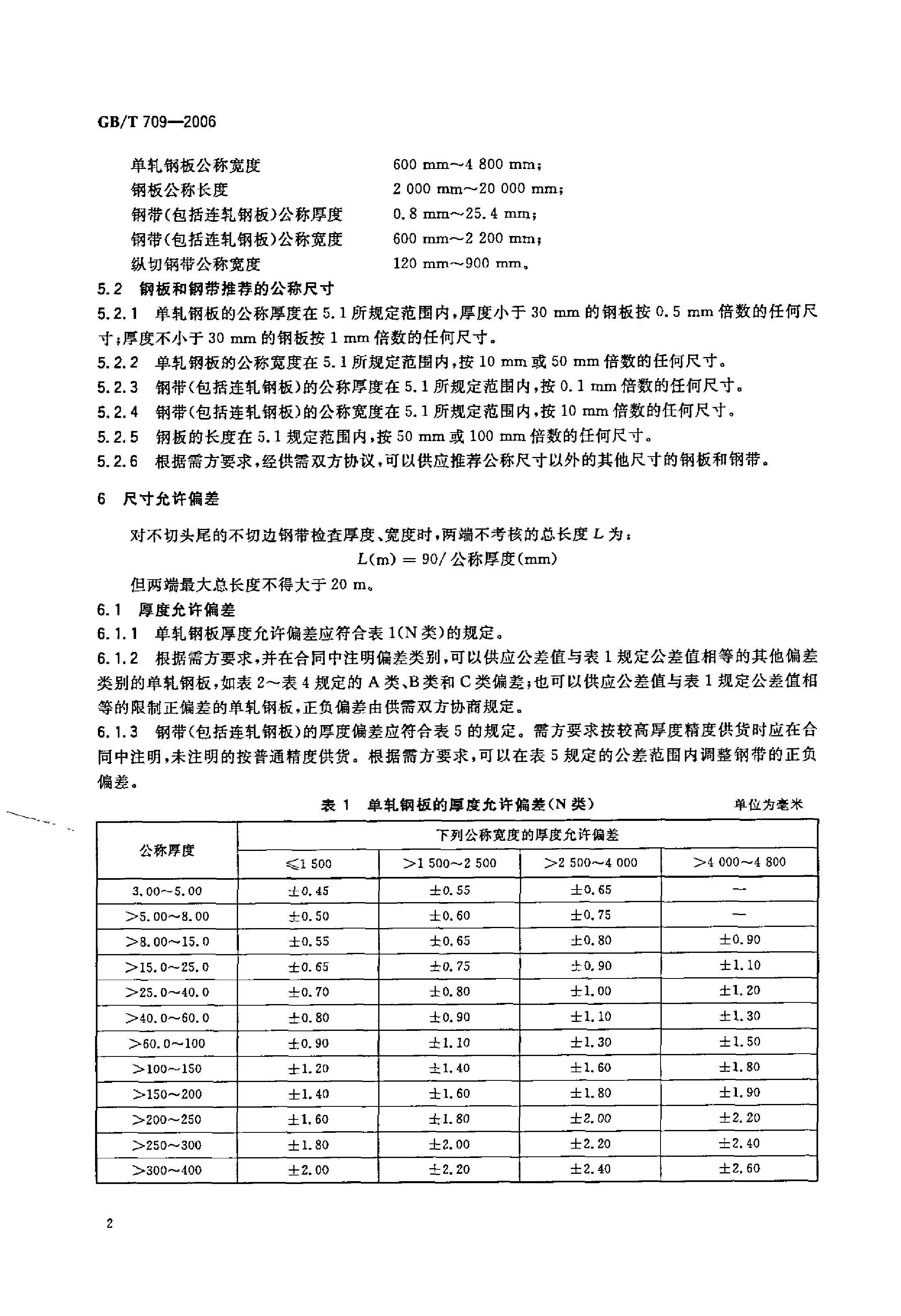 熱軋鋼板和鋼帶的尺寸、外形、重量及允許偏差 國標 GBT 709-2006 代替GBT 709-19880003